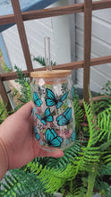 Load and play video in Gallery viewer, Blue Butterflies | 16 oz. | Glass Can | Butterfly | Light Blue | Summer | Spring
