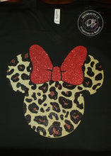 Load image into Gallery viewer, Leopard Print Minnie with Bow T-Shirt | Safari | Minnie | Bow | Glitter | Family Shirts (ADULT)