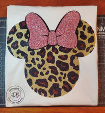 Load image into Gallery viewer, Leopard Print Minnie with Bow T-Shirt | Safari | Minnie | Bow | Glitter | Family Shirts (KIDS)