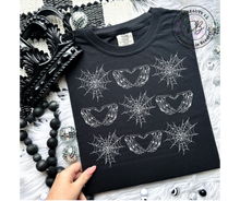 Load image into Gallery viewer, Spooky Grid Graphic Tee | Webs | Hearts | Skull Hands | Halloween | Witchy Vibe
