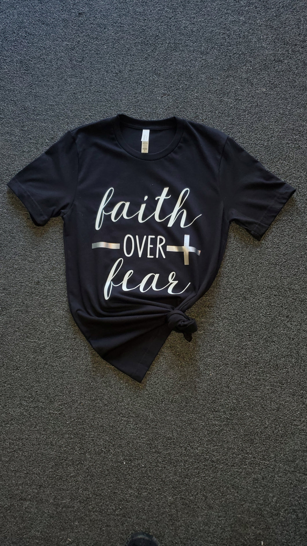 Faith OVER Fear | Spiritual Tee | FAITH | Christian Graphic T-Shirt (Silver Cross)