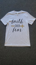 Load image into Gallery viewer, Faith OVER Fear | Spiritual Tee | FAITH | Christian Graphic T-Shirt (Gold Cross)
