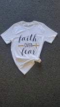 Load image into Gallery viewer, Faith OVER Fear | Spiritual Tee | FAITH | Christian Graphic T-Shirt (Gold Cross)
